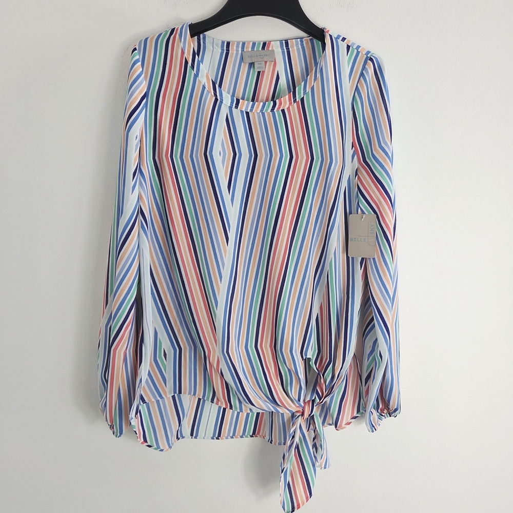 Belle Sky Striped Long Sleeve Tie Front Blouse